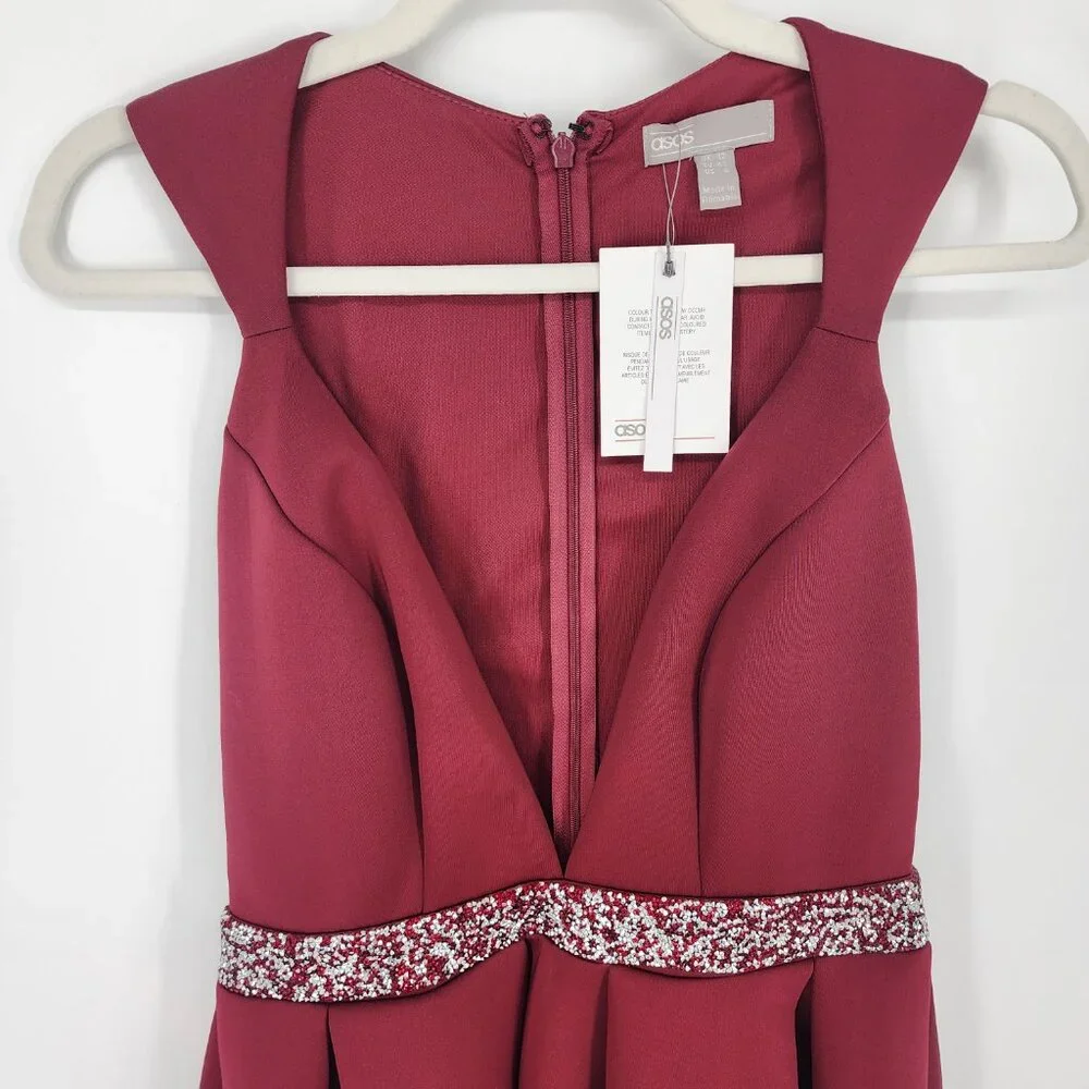 ASOS Fit & Flare Mini Dress 8 Cocktail Plunge V Neck Skater Embellished Burgundy - Picture 4 of 11